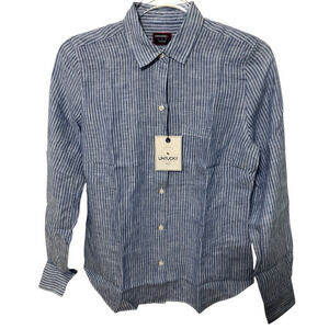 UNTUCKit Women's Linen Button Up Shirt Long Sleeve Blue White Striped Sz 0 NWT